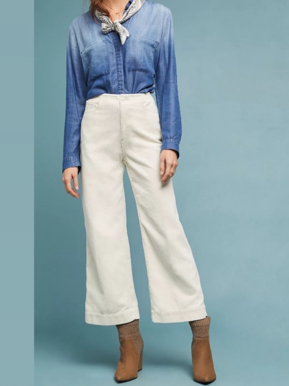 AG The Etta Ultra High-Rise Corduroy Wide-Leg Cropped Jeans in Ivory Size 27